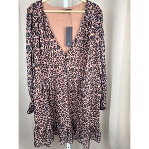 Lulus Leopard Print Tiered Mini Babydoll Dress Womens L Long Sleeve V-Neck NWT